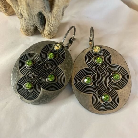 Vintage 80s Tribal Design Earrings with Rhinestone Accents - Picture 1 of 3